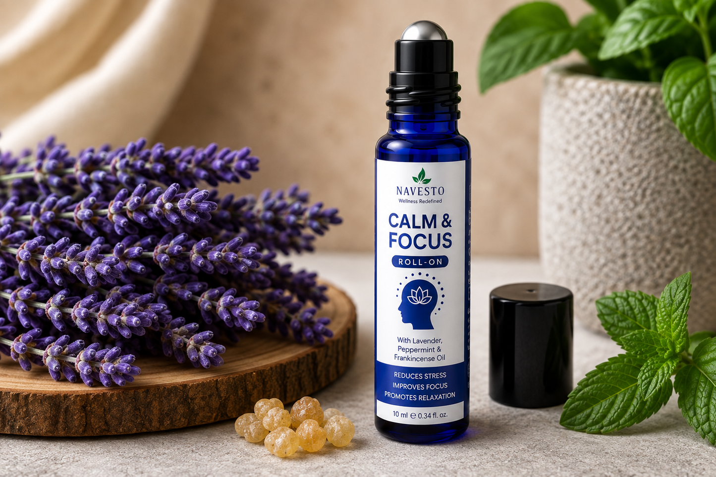 NAVESTO Calm & Focus Roll-On | Stress Relief Essential Oil Blend with Lavender, Peppermint & Frankincense | Aromatherapy Roll-On for Relaxation & Mental Clarity | 10ml