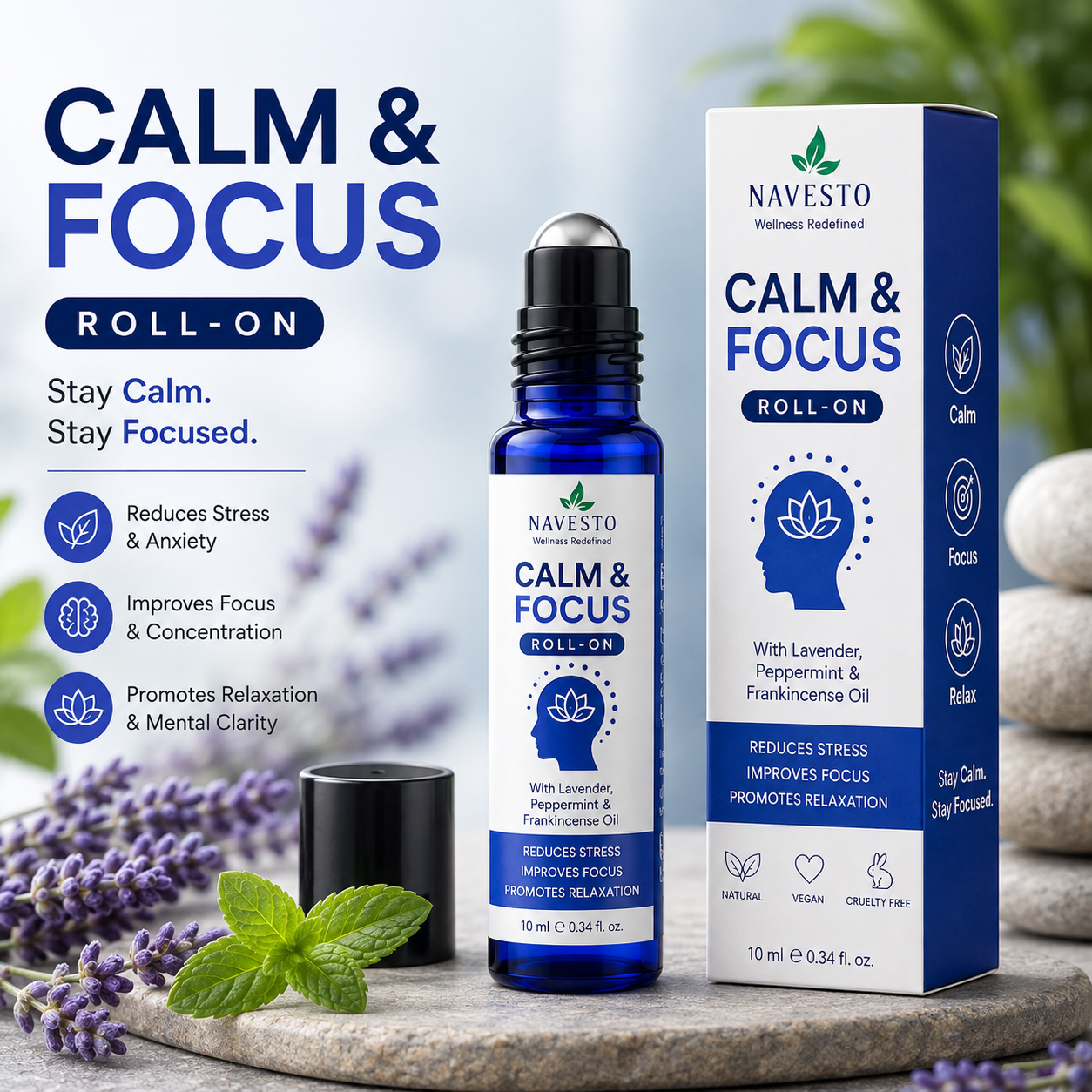 NAVESTO Calm & Focus Roll-On | Stress Relief Essential Oil Blend with Lavender, Peppermint & Frankincense | Aromatherapy Roll-On for Relaxation & Mental Clarity | 10ml